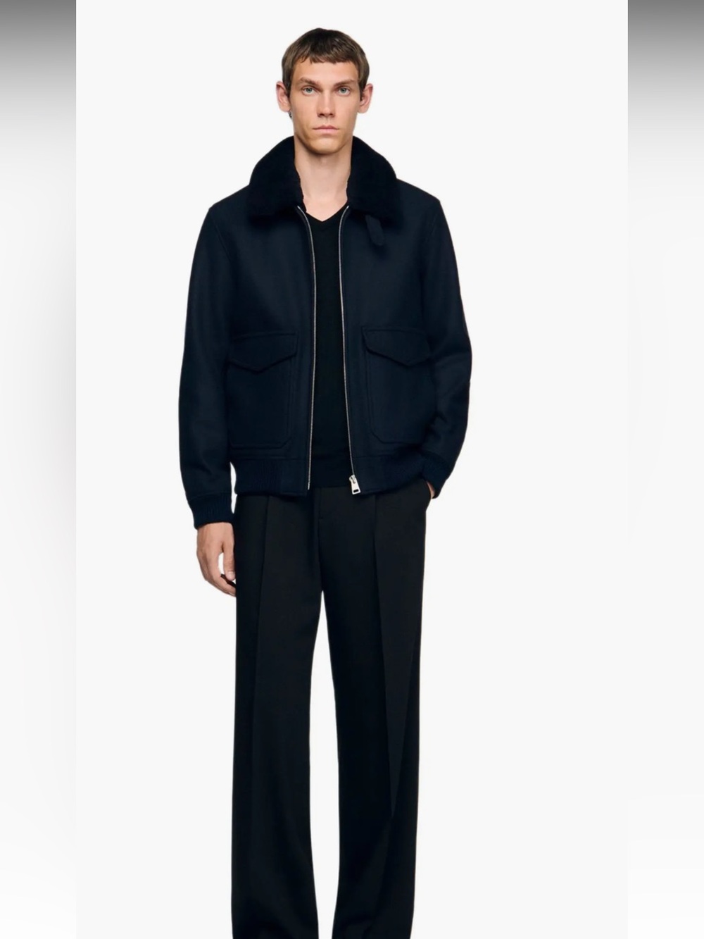 SANDRO Italian wool broadcloth aviator jacket with removable shearling collar